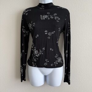 Vintage 90s Dark Floral Knit Long Sleeve Shirt Womens Small Mock Neck Y2K Fairy